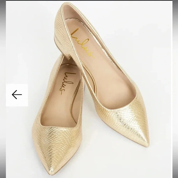 Lulus Alessia Gold Metallic Snake Embossed Low Block Heel Pointed-Toe Flats Sz 7 - Picture 2 of 16